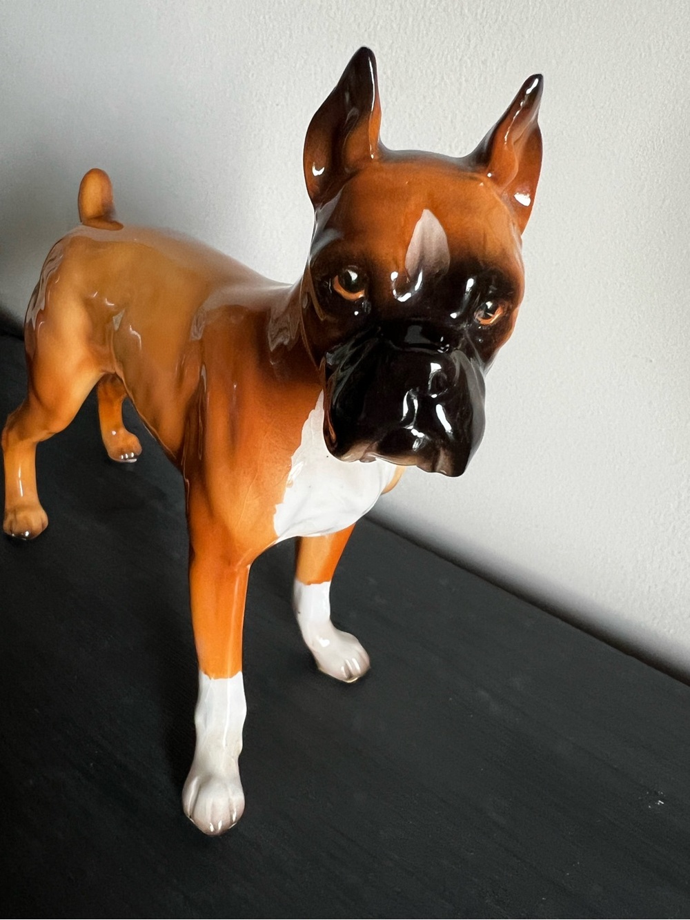 Beautiful Vintage Porcelain Boxer Dog Figurine in Fawn Brown & White Black Mask